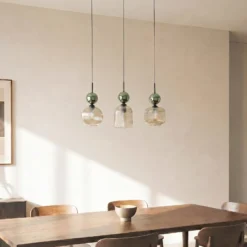 Lámpara colgante Sophia, 3 luces, color coñac/verde, 65 cm de largo, E14
