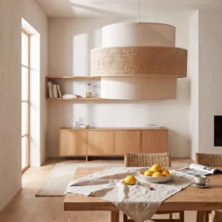 Lámpara colgante Space, color crudo/beige, 1 luz, de tela, E27