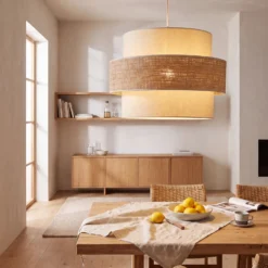 Lámpara colgante Space, color crudo/beige, 1 luz, de tela, E27