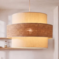 Lámpara colgante Space, color crudo/beige, 1 luz, de tela, E27