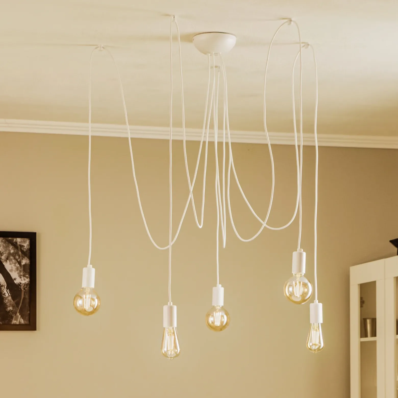 Lámpara colgante Spider en blanco, 5 luces