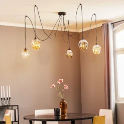 Lámpara colgante Starla, cristal grafito/ámbar/transparente, 5 luces,