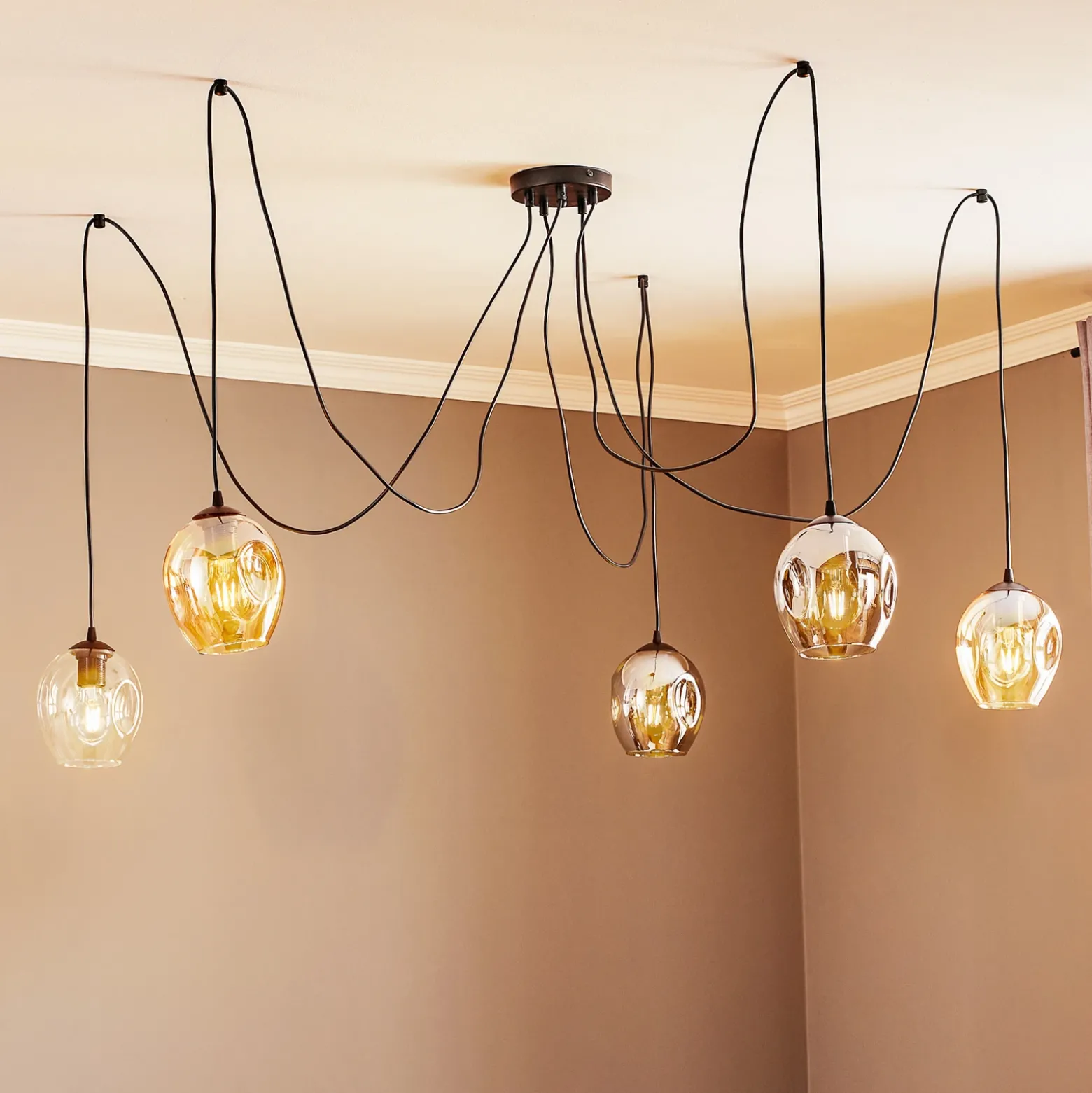 Lámpara colgante Starla, cristal grafito/ámbar/transparente, 5 luces,