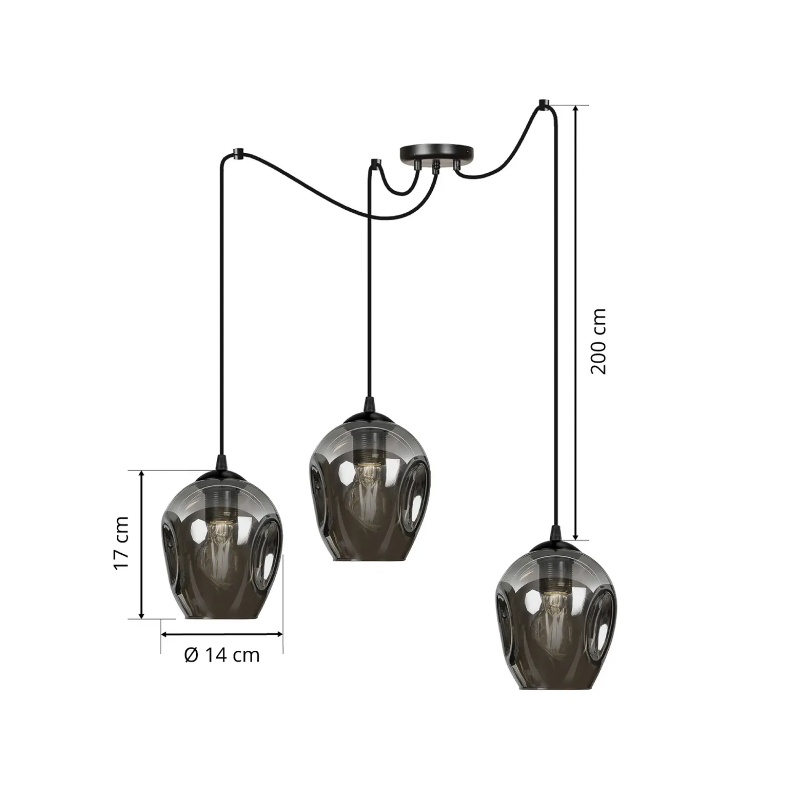 Lámpara colgante Starla, cristal grafito, 3 luces descentradas