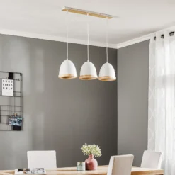 Lámpara colgante Studio con decoración de madera, 3 luces, blanca