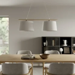 Lámpara colgante Suecia, blanco antiguo/blanco, textil, madera, 2 luces