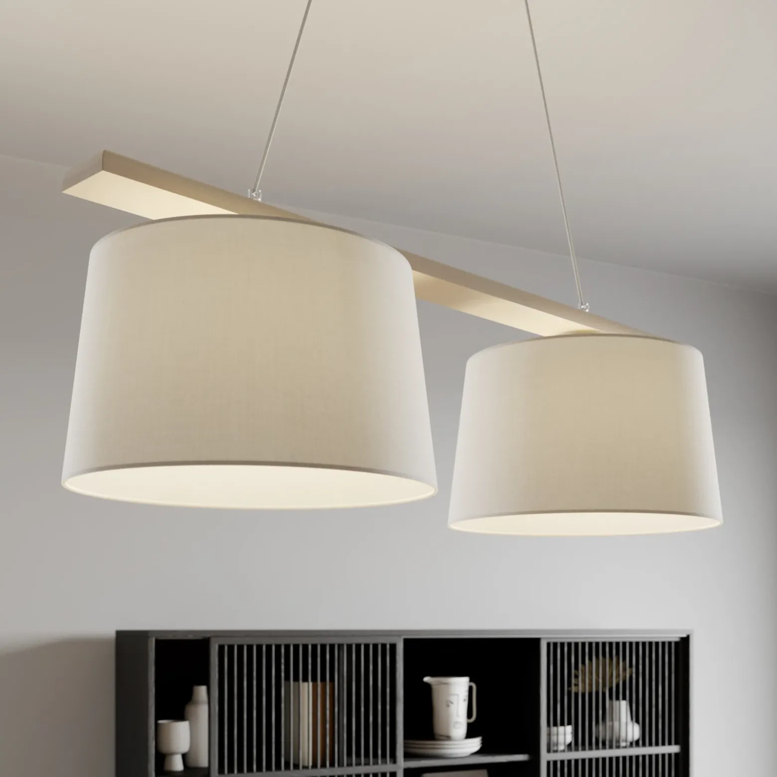 Lámpara colgante Suecia, blanco antiguo/blanco, textil, madera, 2 luces