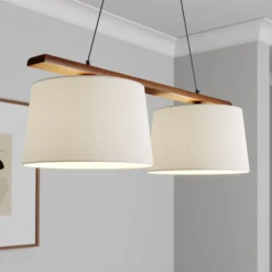 Lámpara colgante Suecia, blanco antiguo, textil, nogal, 2 luces