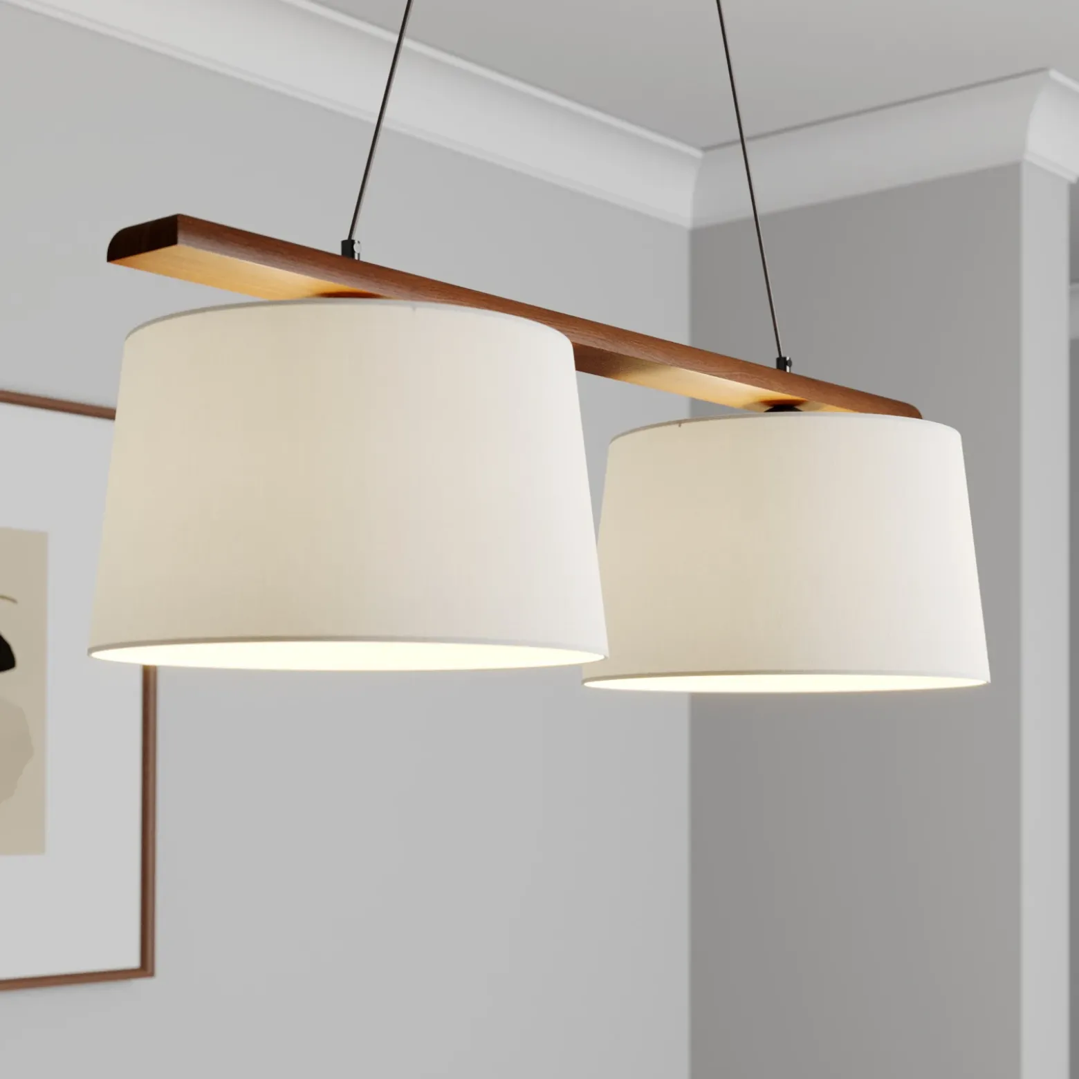 Lámpara colgante Suecia, blanco antiguo, textil, nogal, 2 luces