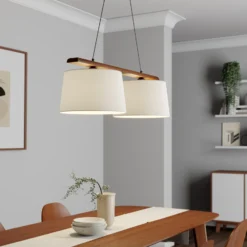 Lámpara colgante Suecia, blanco antiguo, textil, nogal, 2 luces