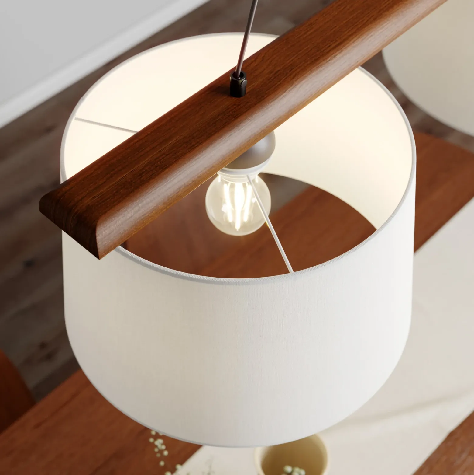 Lámpara colgante Suecia, blanco antiguo, textil, nogal, 2 luces