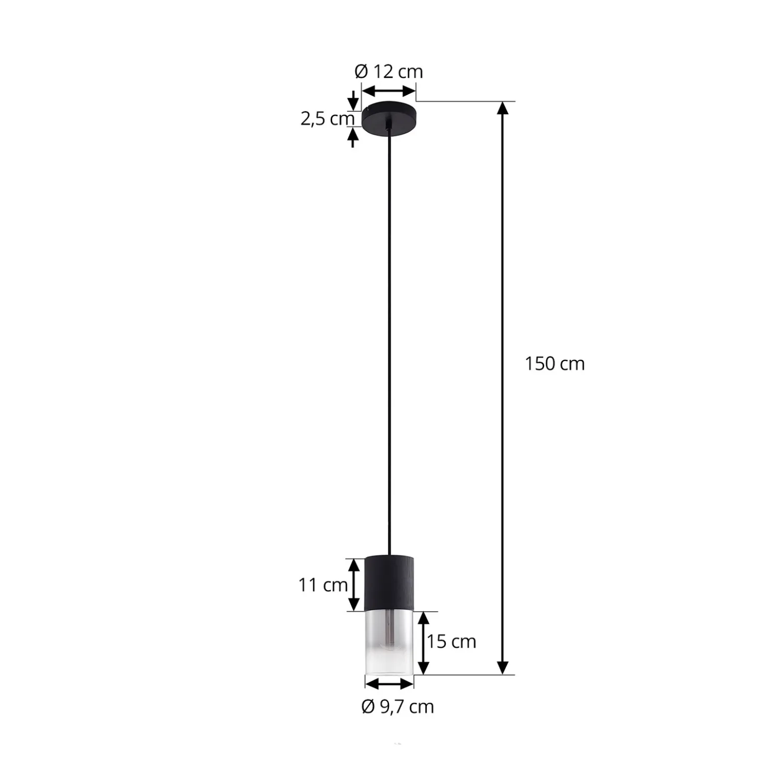 Lámpara colgante Svante de Lindby, 1 luz, negra, cristal, Ø 10 cm