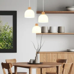 Lámpara colgante Swanson, Ø 51 cm, blanco/marrón, cristal/madera, 3 luces.