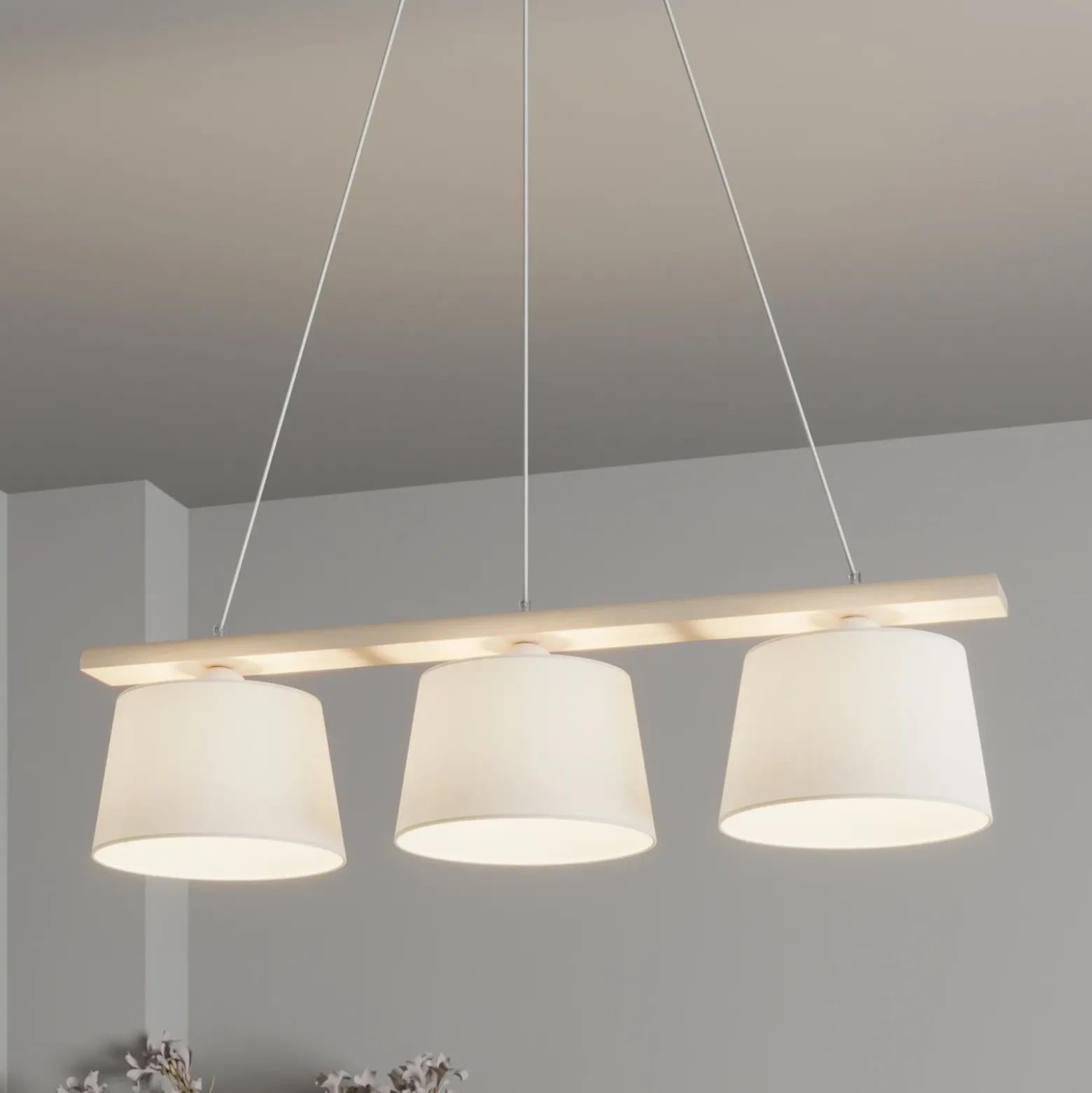 Lámpara colgante Sweden, blanco antiguo/blanco, textil, madera, 3 luces
