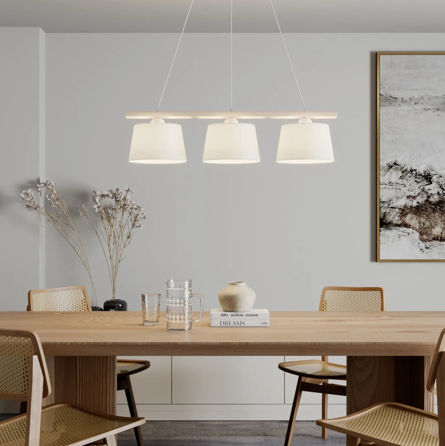 Lámpara colgante Sweden, blanco antiguo/blanco, textil, madera, 3 luces