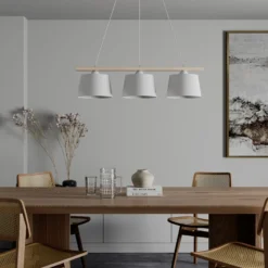 Lámpara colgante Sweden, blanco antiguo/blanco, textil, madera, 3 luces