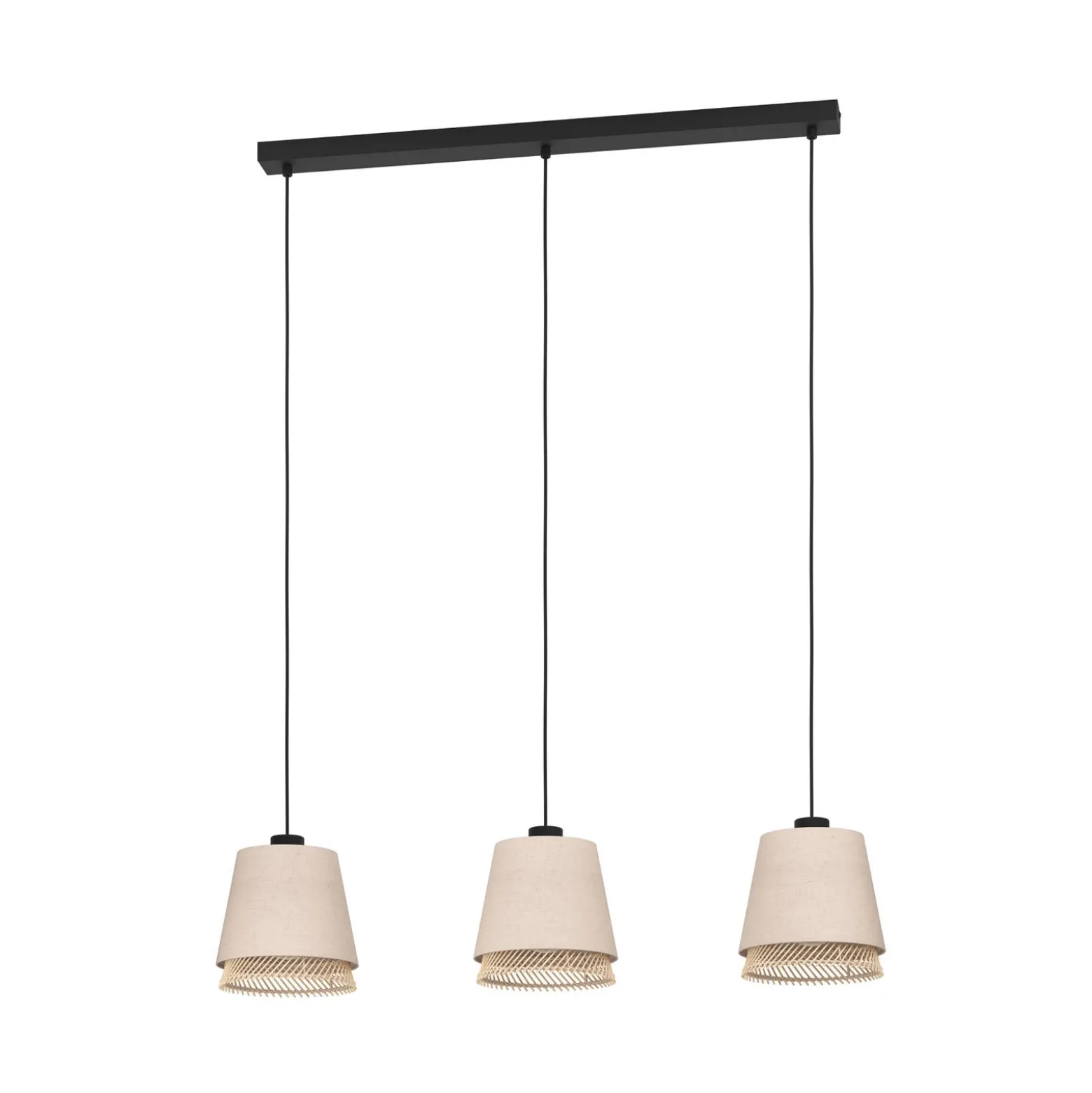 Lámpara colgante Tabley, color negro/natural, 89 cm, tela, 3 luces.