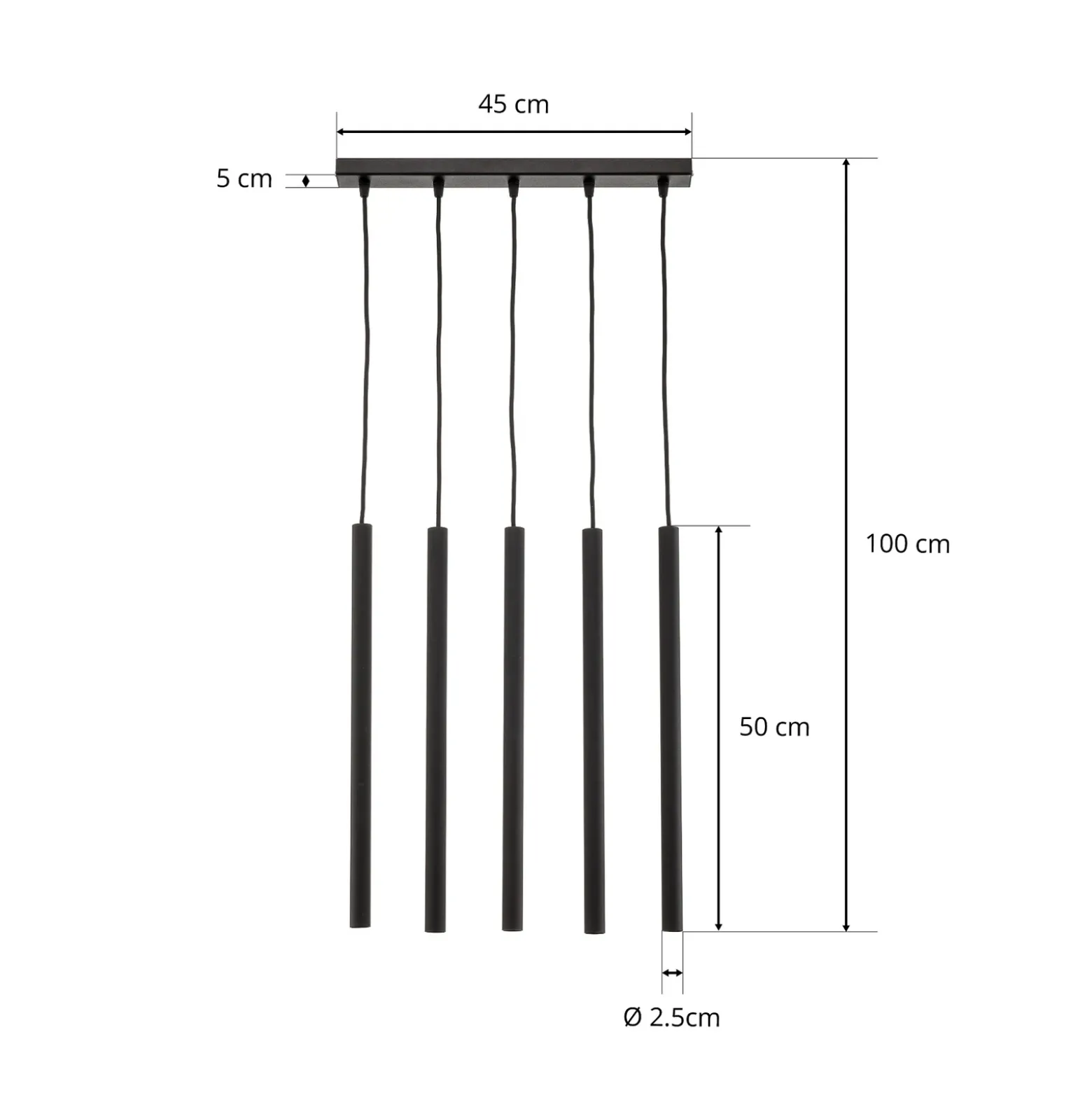Lámpara colgante Thin, negro, 5 luces, lineal