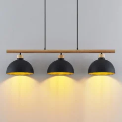 Lámpara colgante Tirzana de Lindby, 3 luces, negra, metal, madera