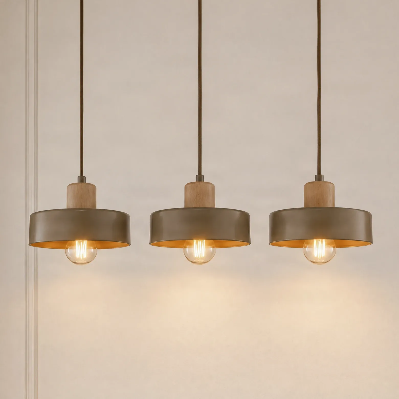 Lámpara colgante Torin, beige, 80 cm de largo, 3 luces, metal/madera