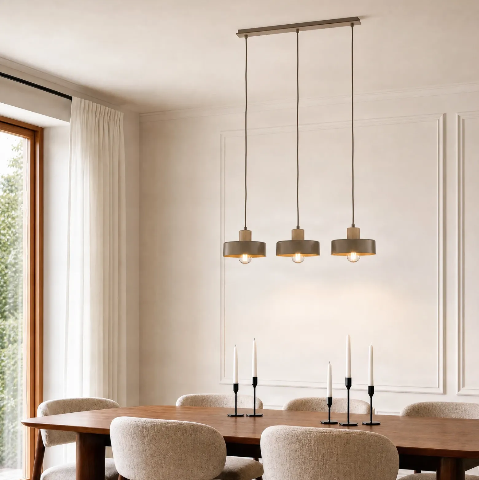 Lámpara colgante Torin, beige, 80 cm de largo, 3 luces, metal/madera
