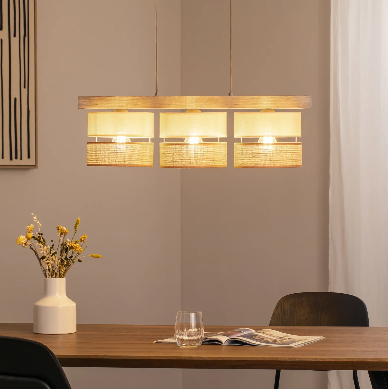 Lámpara colgante Treeon, 3 luces, madera, yute, color natural/crudo
