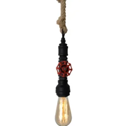 Lámpara colgante Vintage, cuerda de cáñamo, negro
