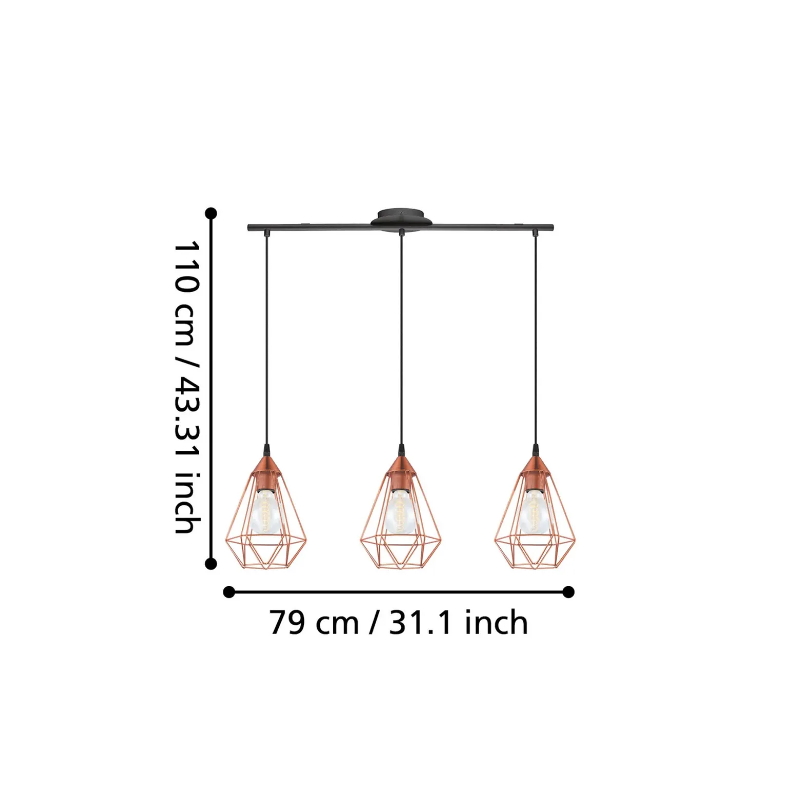 Lámpara colgante vintage Tarbes 3 brazos, cobre
