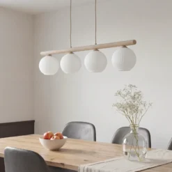 Lámpara colgante Virlo, 4 luces, madera, cristal opalino, longitud 95 cm