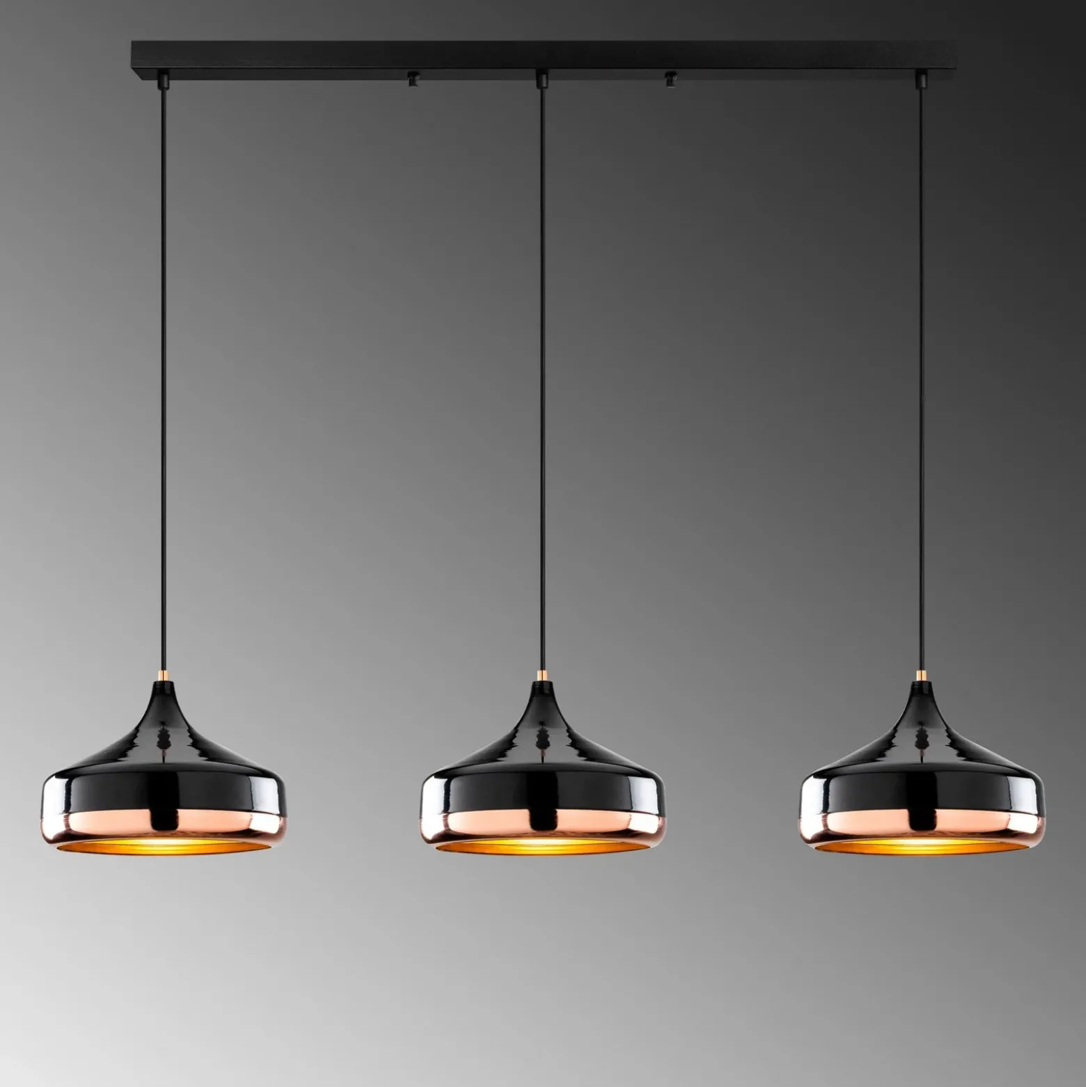 Lámpara colgante Yildo, longitud 146 cm, negro/cobre, 3 luces