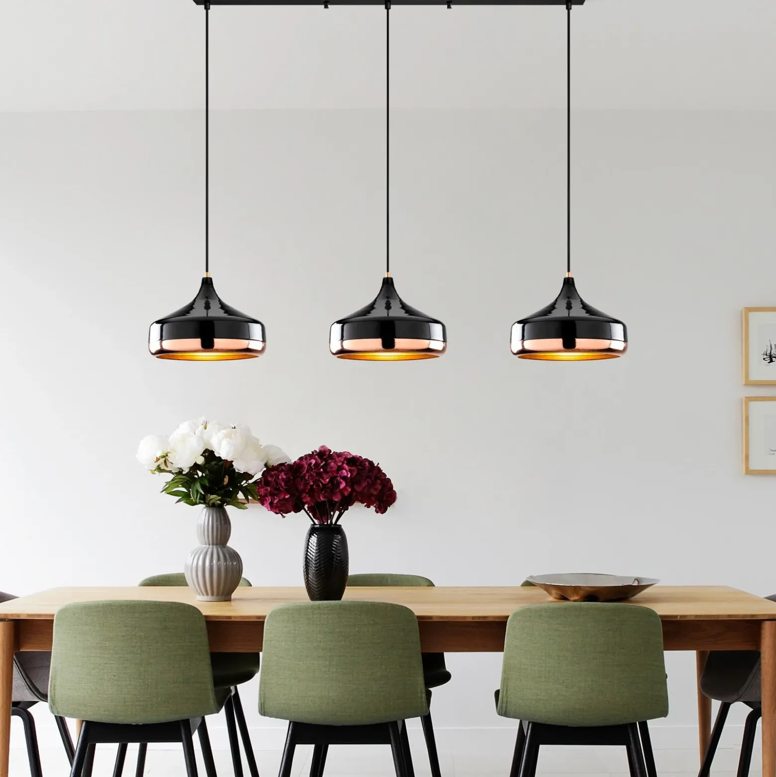 Lámpara colgante Yildo, longitud 146 cm, negro/cobre, 3 luces