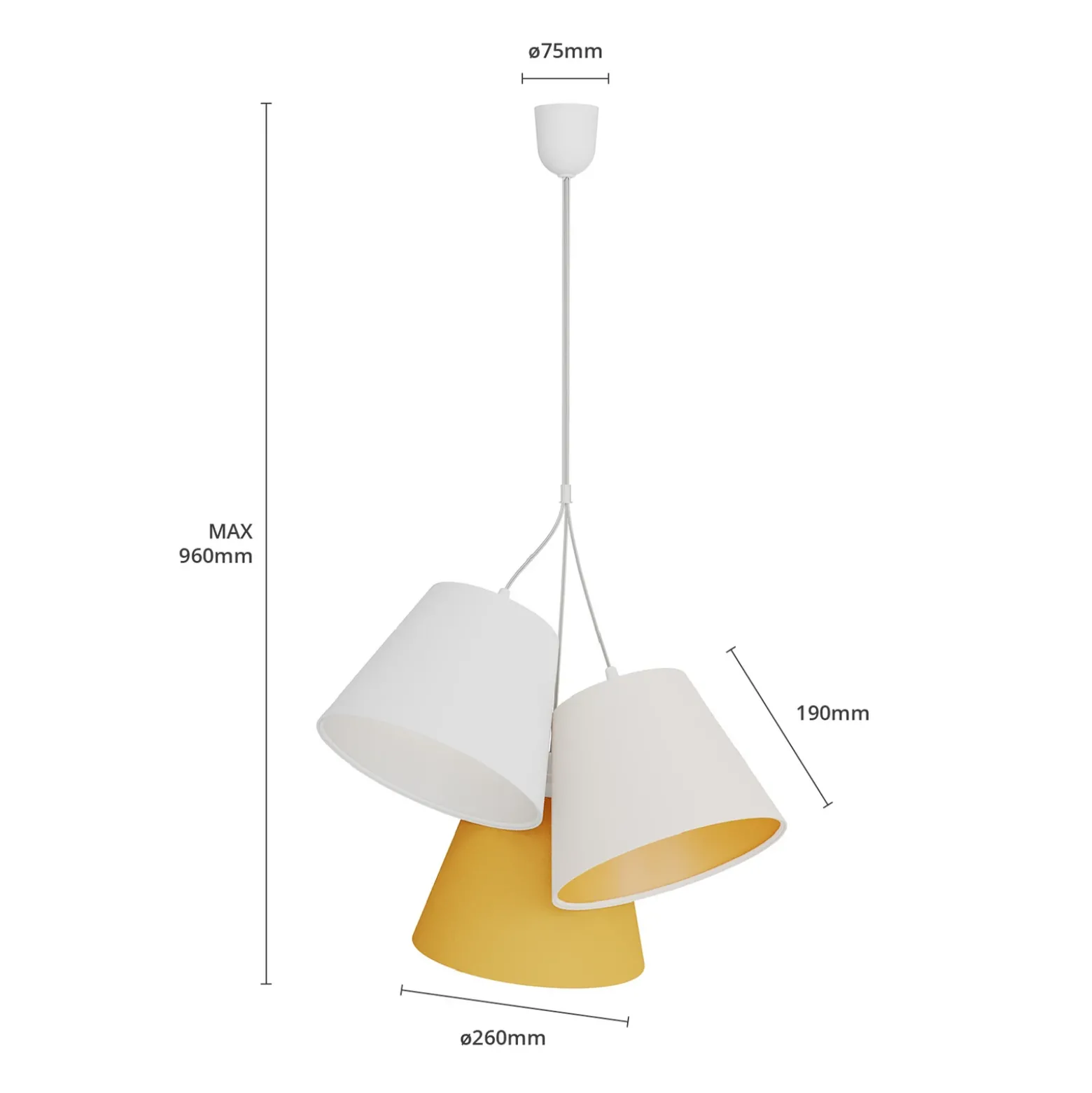 Lámpara colgante Zsofia, 3 luces, blanco/amarillo