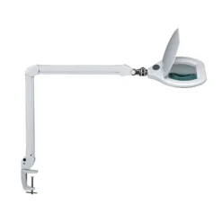 Lámpara con lupa LED MAULcrystal, blanca, con pinza, atenuable