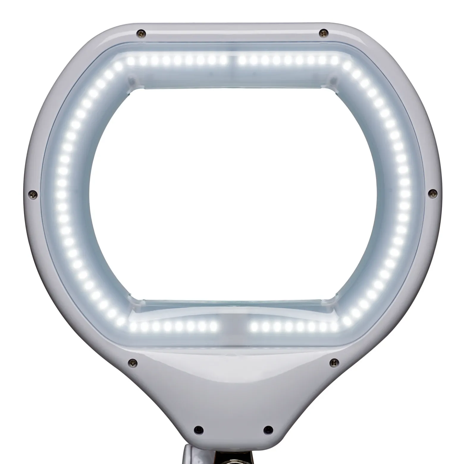 Lámpara con lupa LED MAULcrystal, blanca, con pinza, atenuable