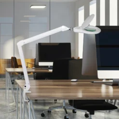 Lámpara con lupa LED MAULsource, blanca, 51 cm, atenuable