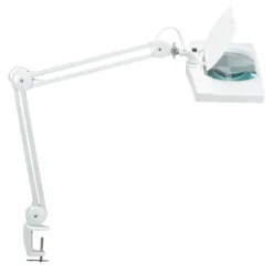 Lámpara con lupa LED MAULvitrum, blanca, pinza, metal