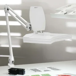 Lámpara con lupa LED MAULvitrum, blanca, pinza, metal