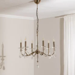 Lámpara de araña Adone, 6 luces, latón, Ø 70 cm, cristal