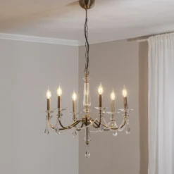 Lámpara de araña Adone, 6 luces, latón, Ø 70 cm, cristal