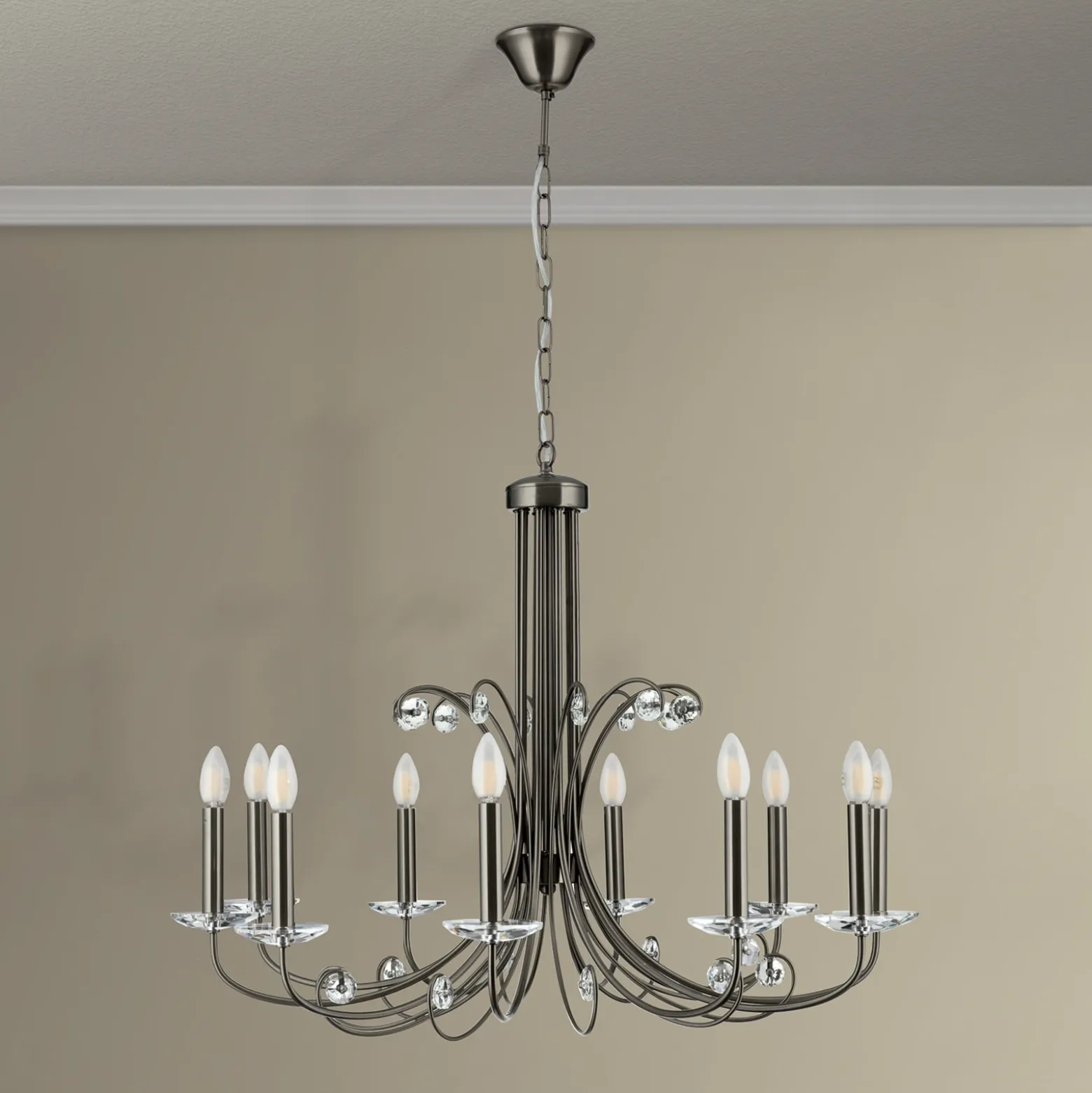Lámpara de araña Ariane, níquel, Ø 92 cm, cristal, 10 luces.