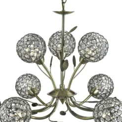 Lámpara de araña Bellis II, latón envejecido, cristal, 9 luces, G9