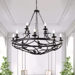 Lámpara de araña Cartwheel III, 12 luces, Ø 89cm, negra, metal