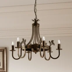 Lámpara de araña Castle oscura patinada a mano, 6 luces