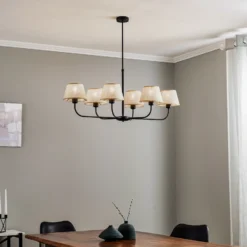 Lámpara de araña Chicago, pantallas de lino 6 luces