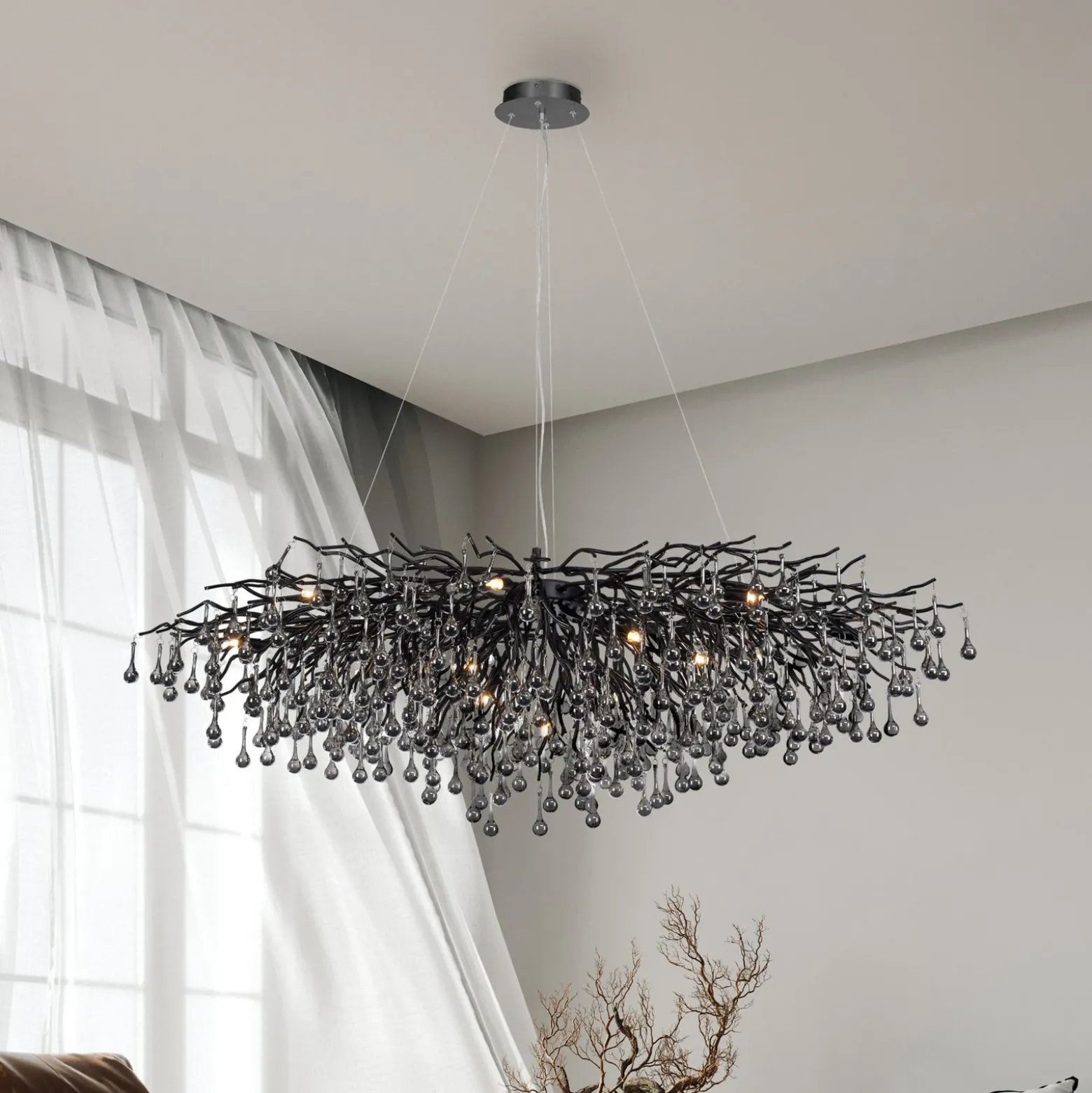 Lámpara de araña Icicle, negra, colgantes de cristal, longitud 150 cm