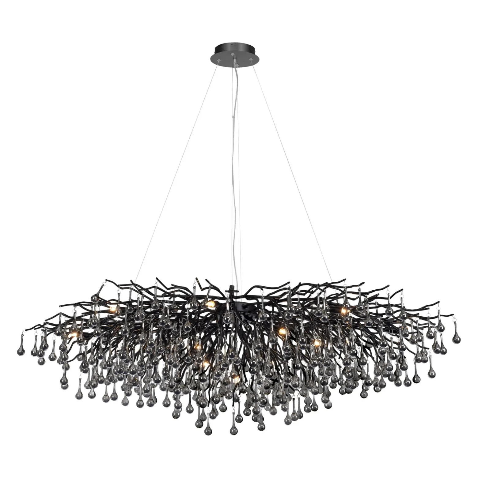 Lámpara de araña Icicle, negra, colgantes de cristal, longitud 150 cm