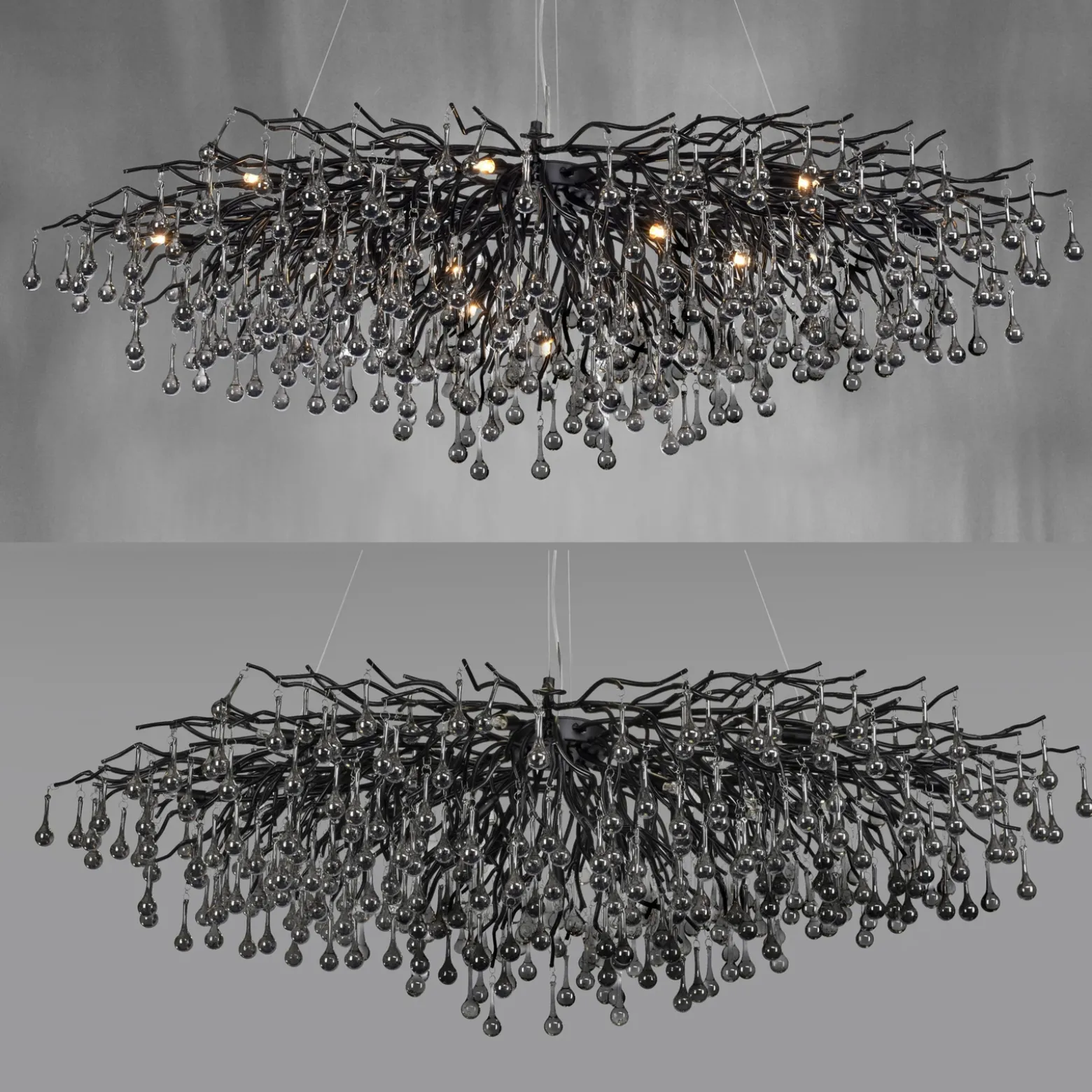 Lámpara de araña Icicle, negra, colgantes de cristal, longitud 150 cm