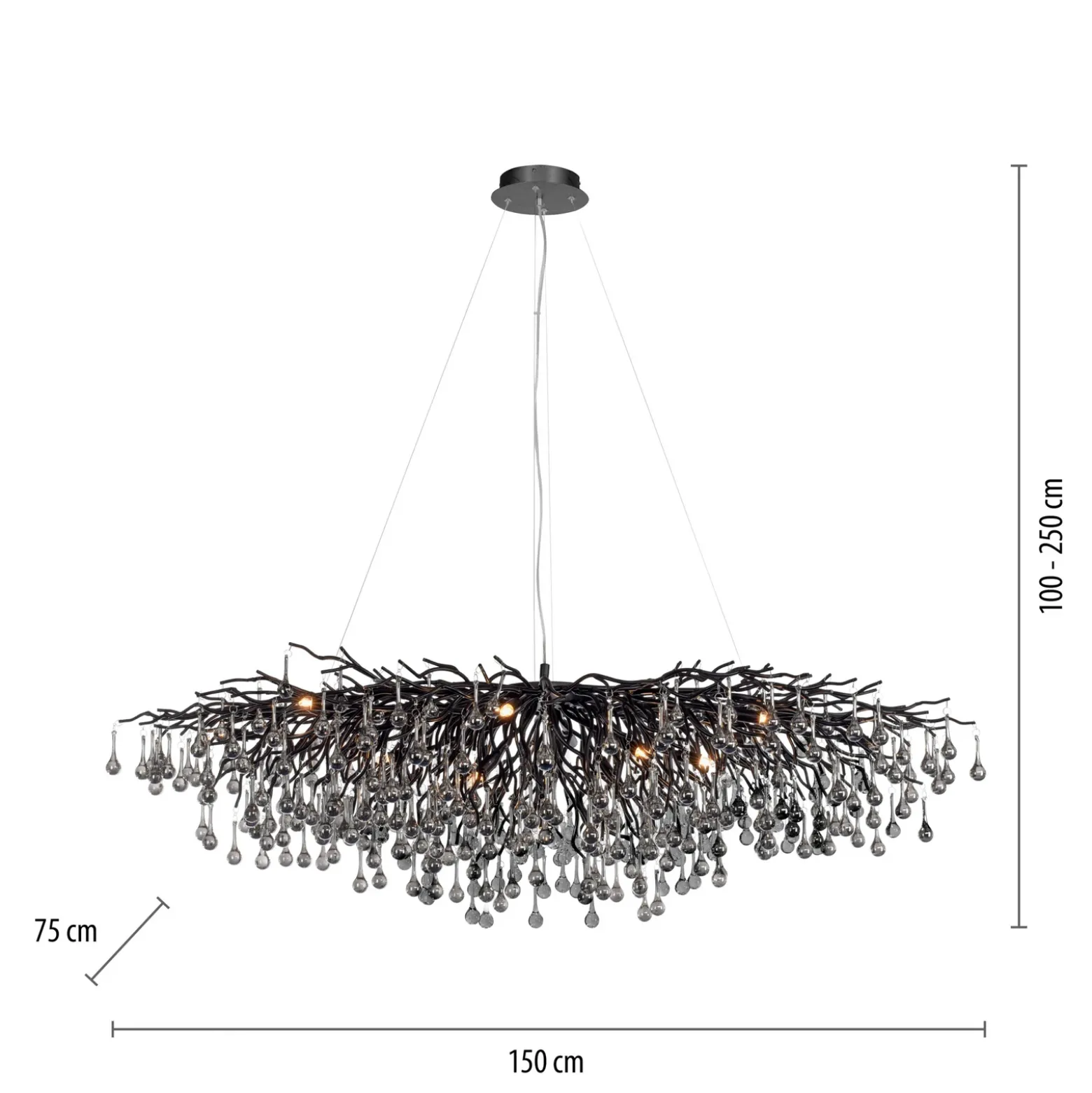 Lámpara de araña Icicle, negra, colgantes de cristal, longitud 150 cm