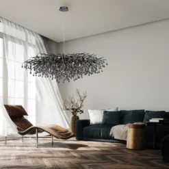 Lámpara de araña Icicle, negra, colgantes de cristal, longitud 150 cm