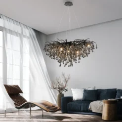 Lámpara de araña Icicle, negra, colgantes de cristal, longitud 100 cm